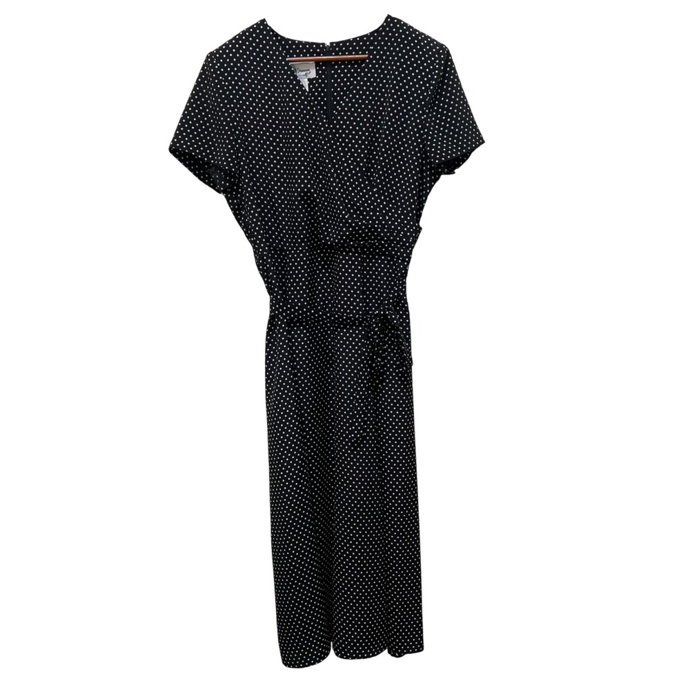 Vintage DJ Summers Polka Dot Wrap Midi Dress Black White‎ Size 14 80s Belted